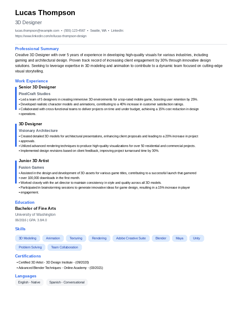 3D Designer Resume Example