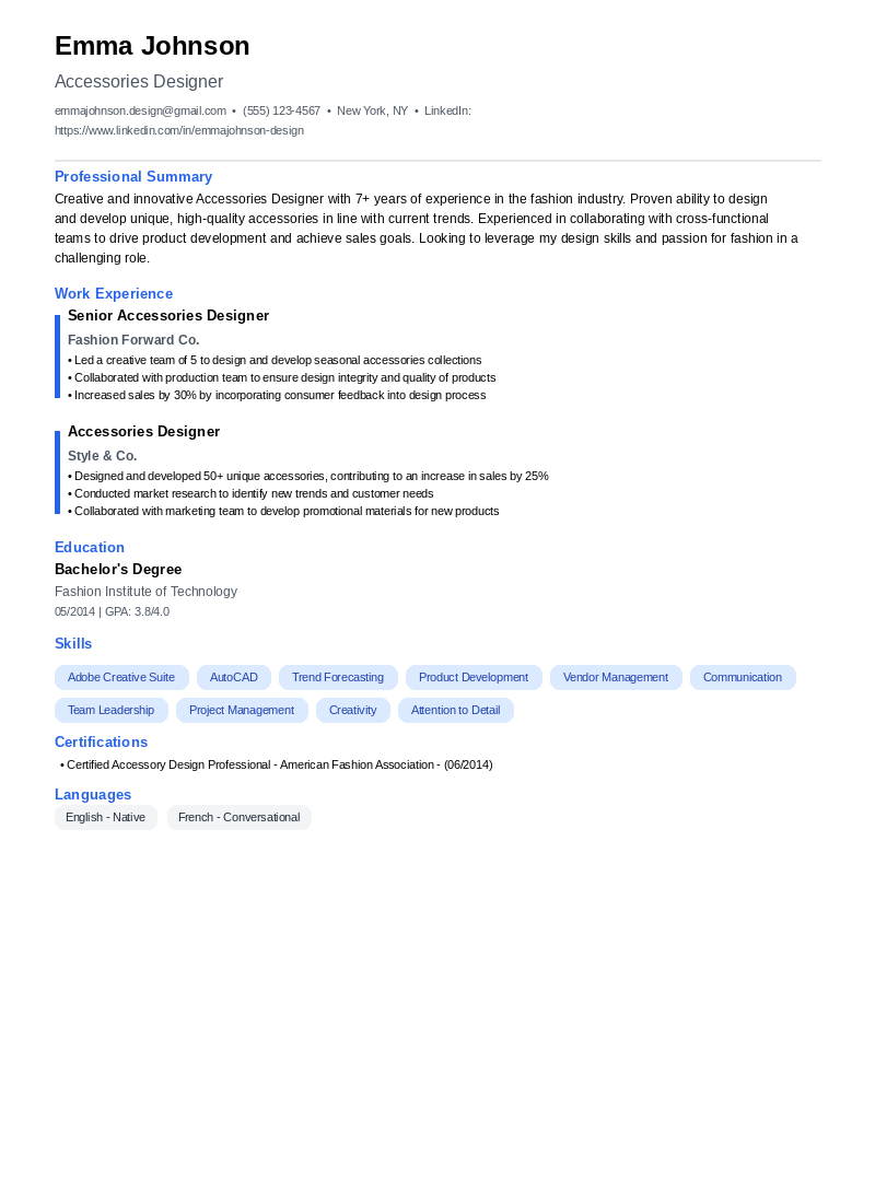 Accessories Designer Resume Example