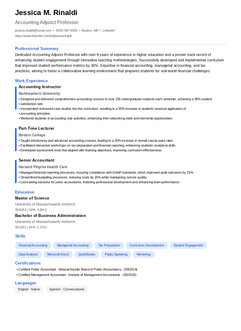 Accounting Adjunct Professor Resume Example