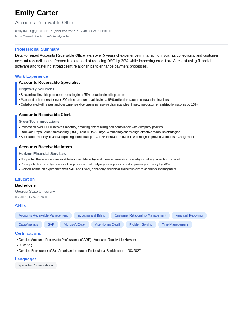 Accounts Receivable Officer Resume Example