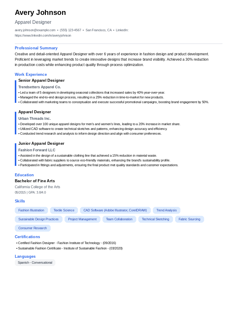Apparel Designer Resume Example