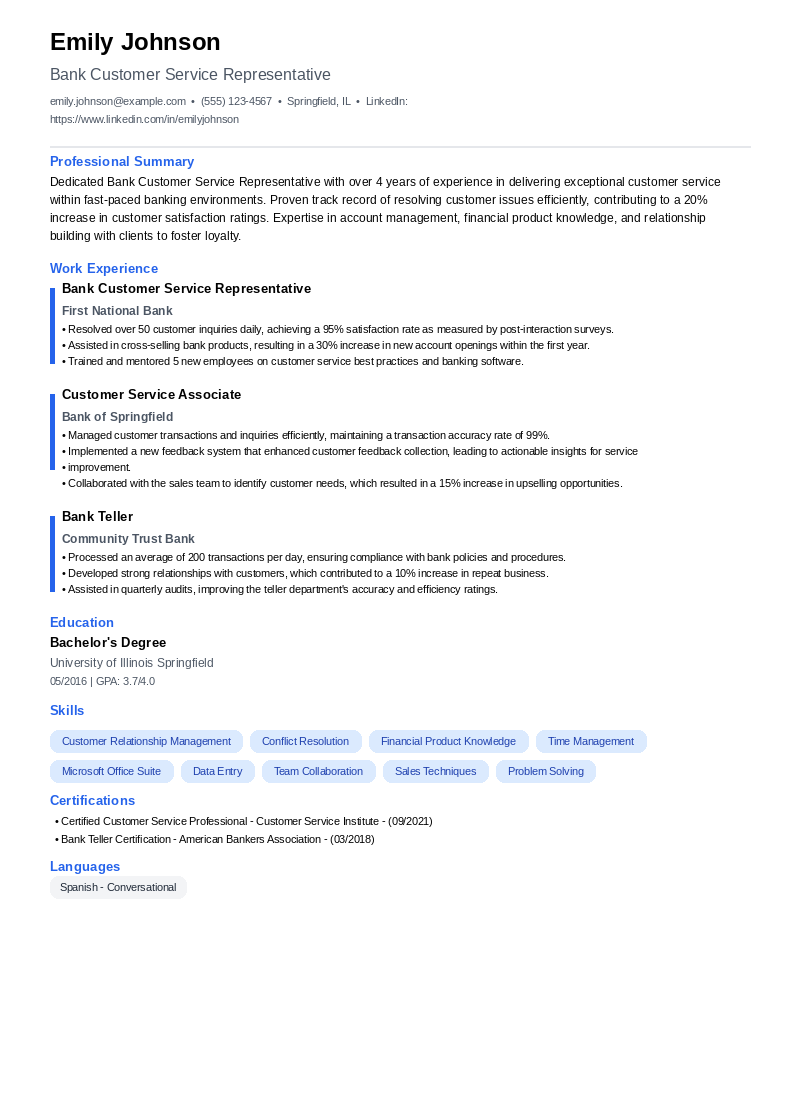 Bank Customer Service Representative Resume Example