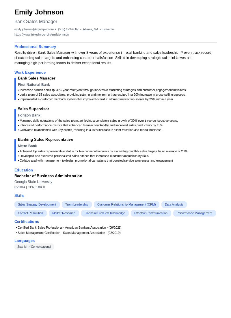 Bank Sales Manager Resume Example
