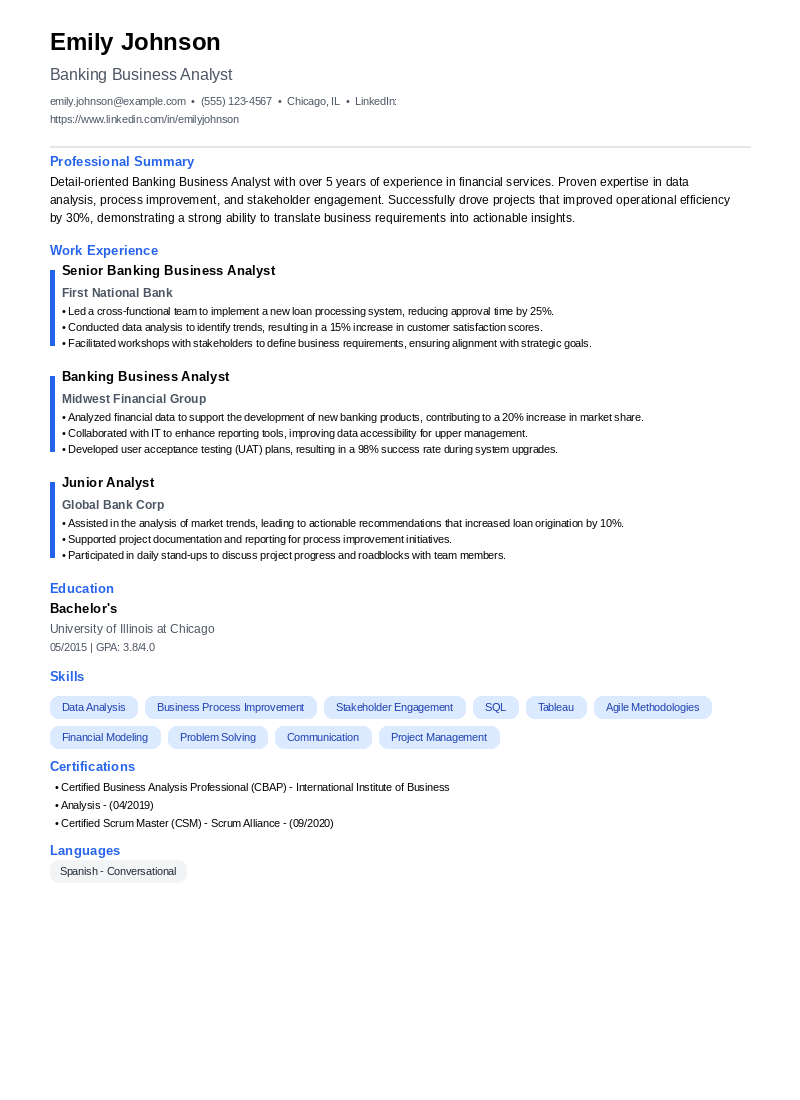 Banking Business Analyst Resume Example