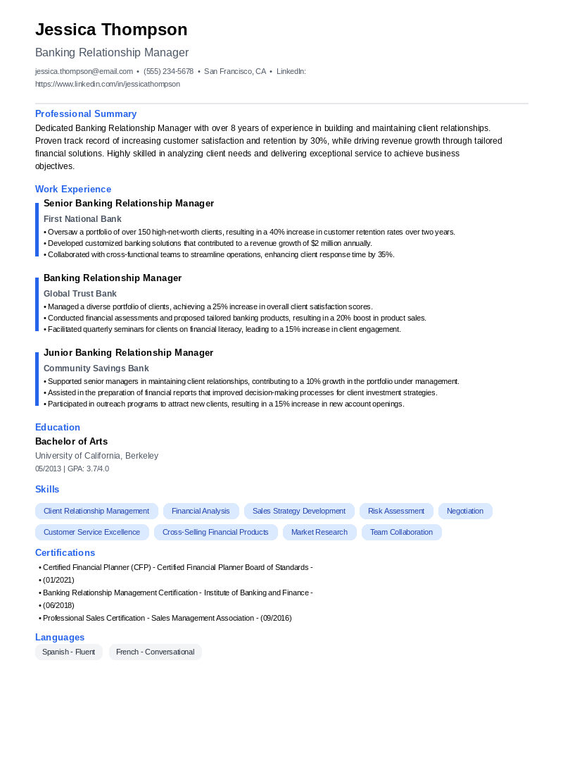 Banking Relationship Manager Resume Example