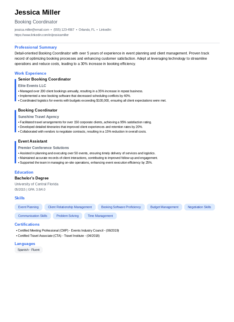 Booking Coordinator Resume Example