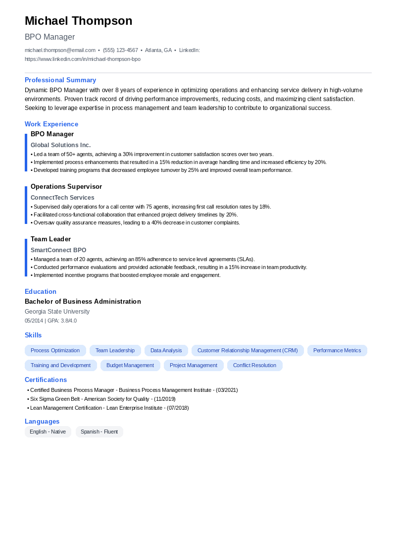 BPO Manager Resume Example
