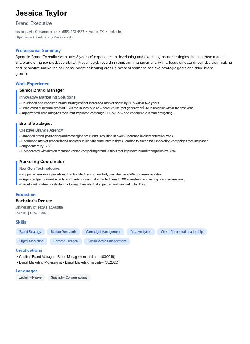 Brand Executive Resume Example