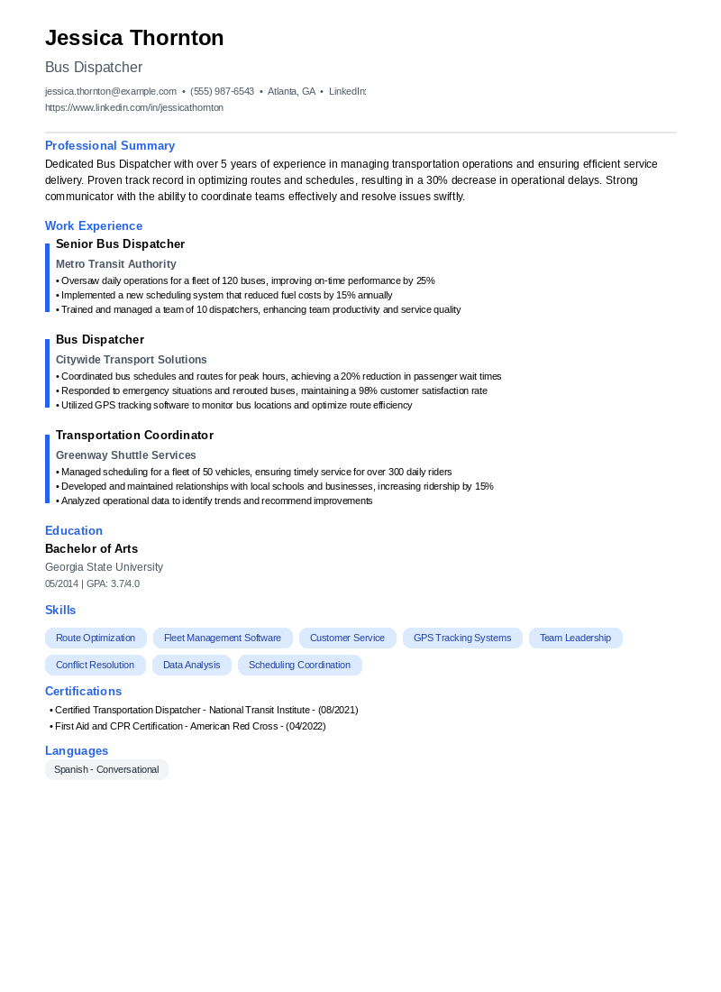 Bus Dispatcher Resume Example