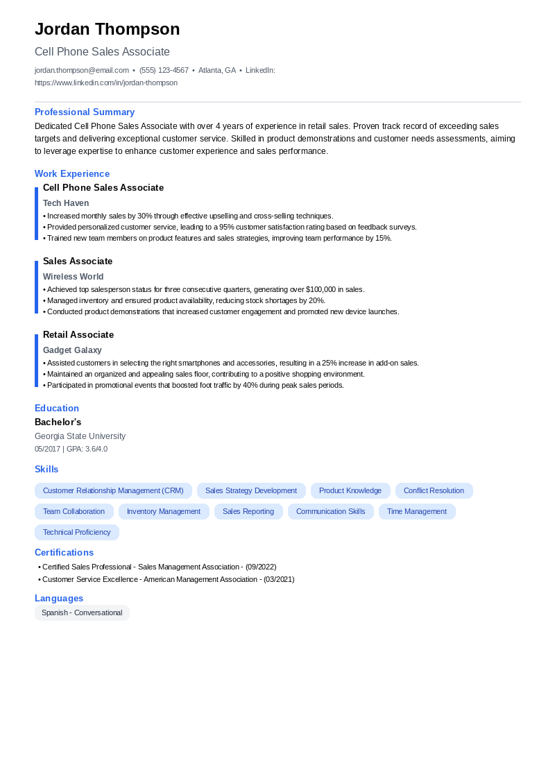Cell Phone Sales Associate Resume Example