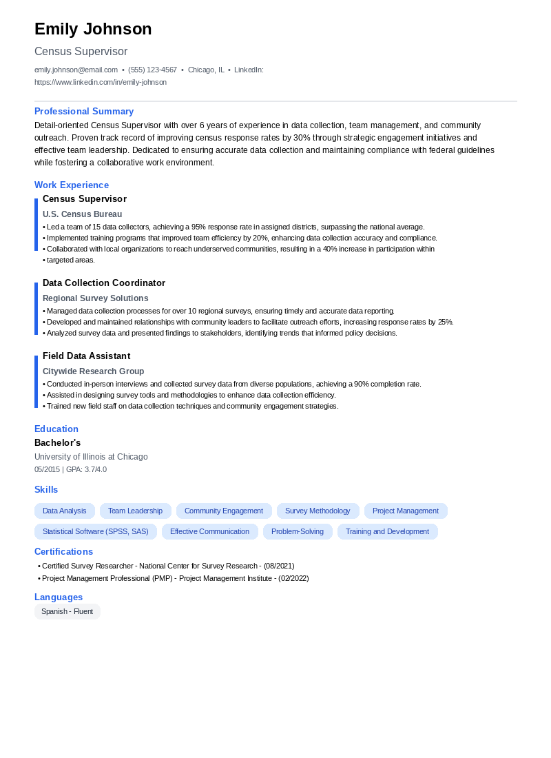 Census Supervisor Resume Example