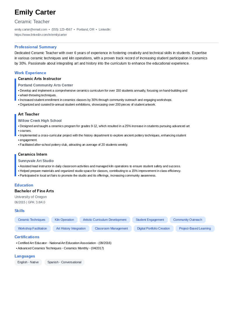 Ceramic Teacher Resume Example