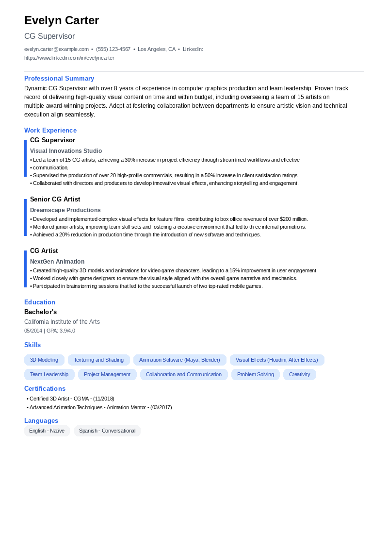 CG Supervisor Resume Example