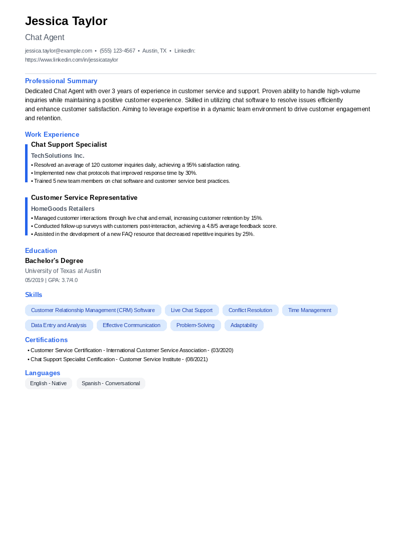 Chat Agent Resume Example