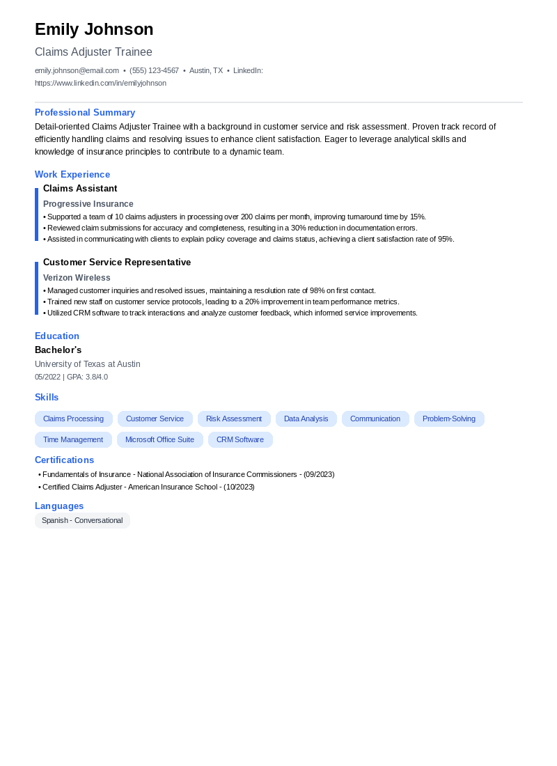 Claims Adjuster Trainee Resume Example