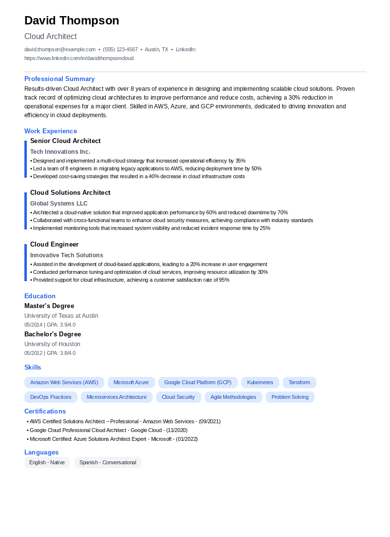 Cloud Architect Resume Example