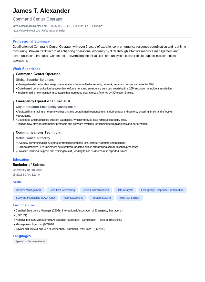 Command Center Operator Resume Example