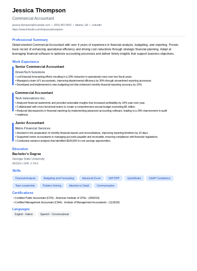 Commercial Accountant Resume Example