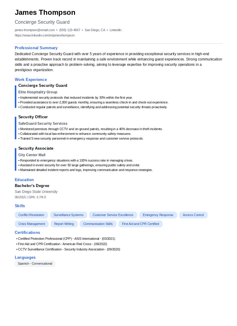 Concierge Security Guard Resume Example