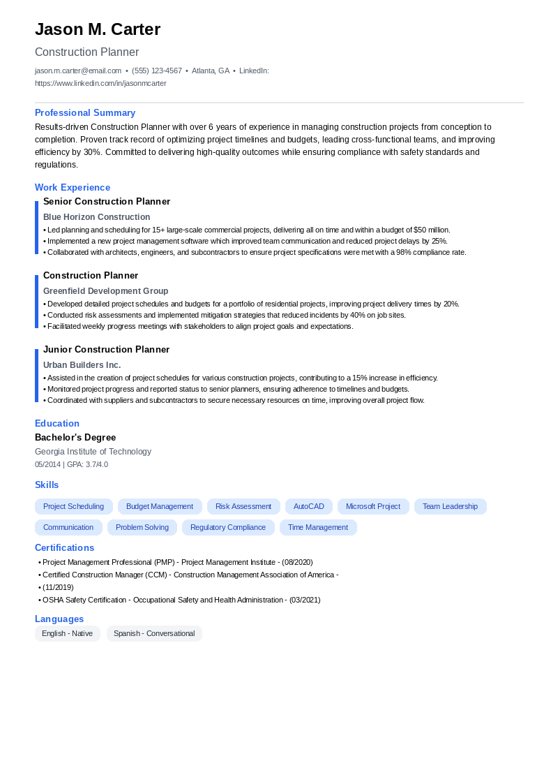Construction Planner Resume Example