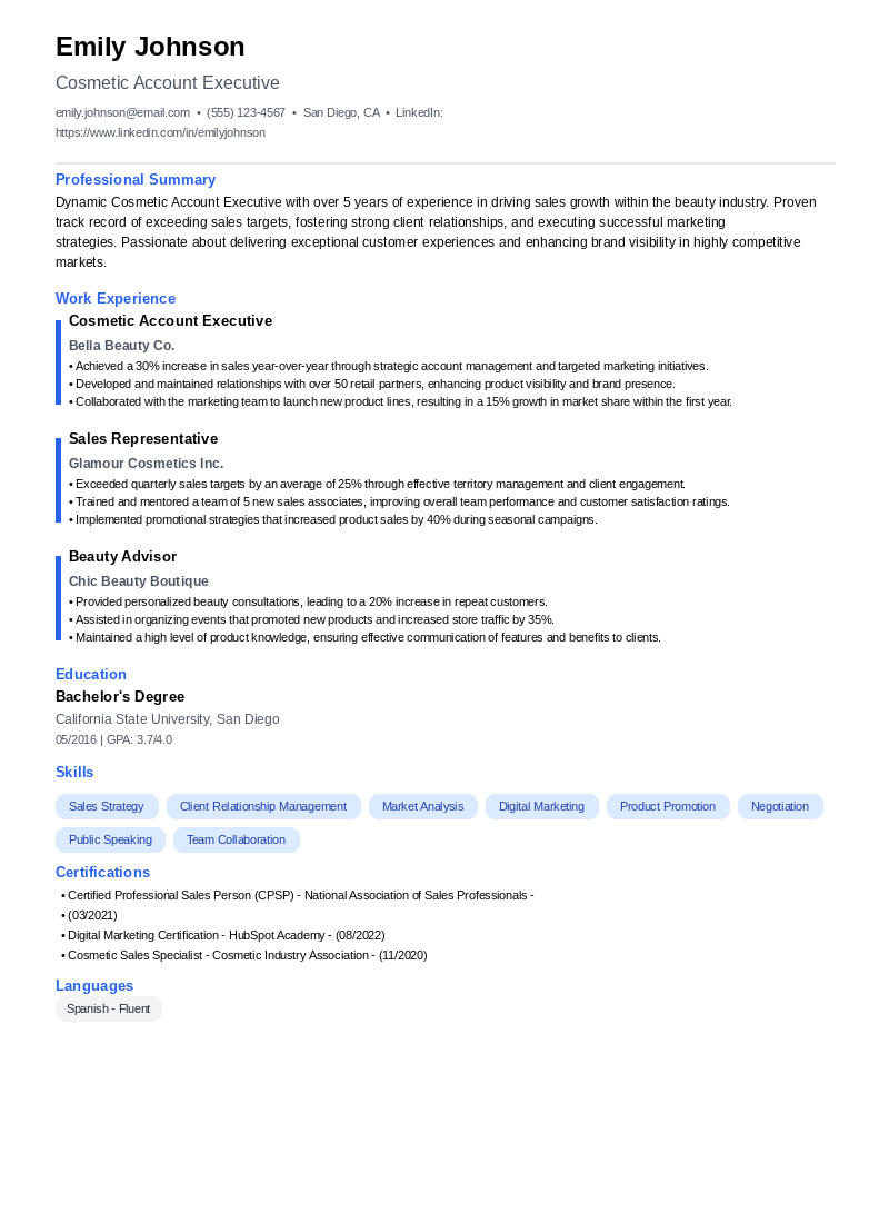 Cosmetic Account Executive Resume Example