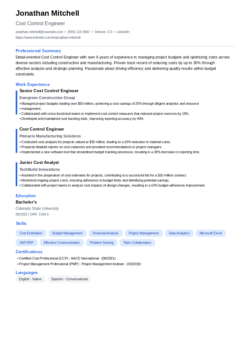 Cost Control Engineer Resume Example