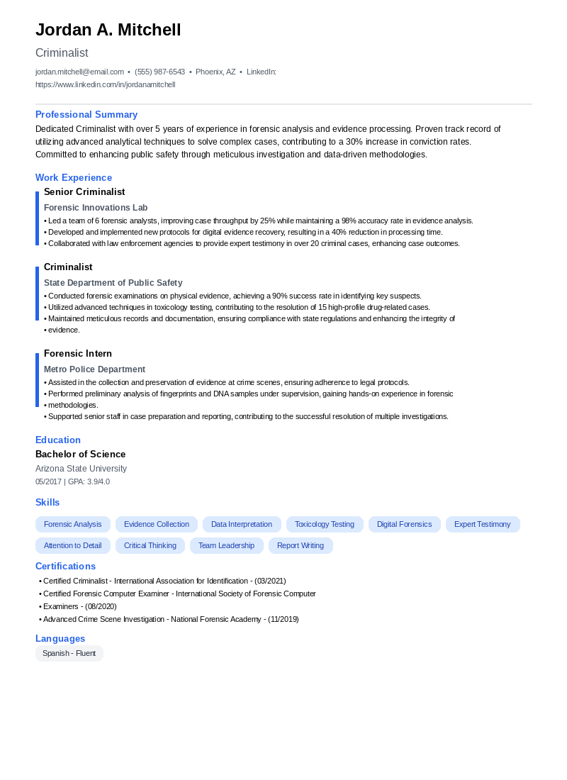 Criminalist Resume Example