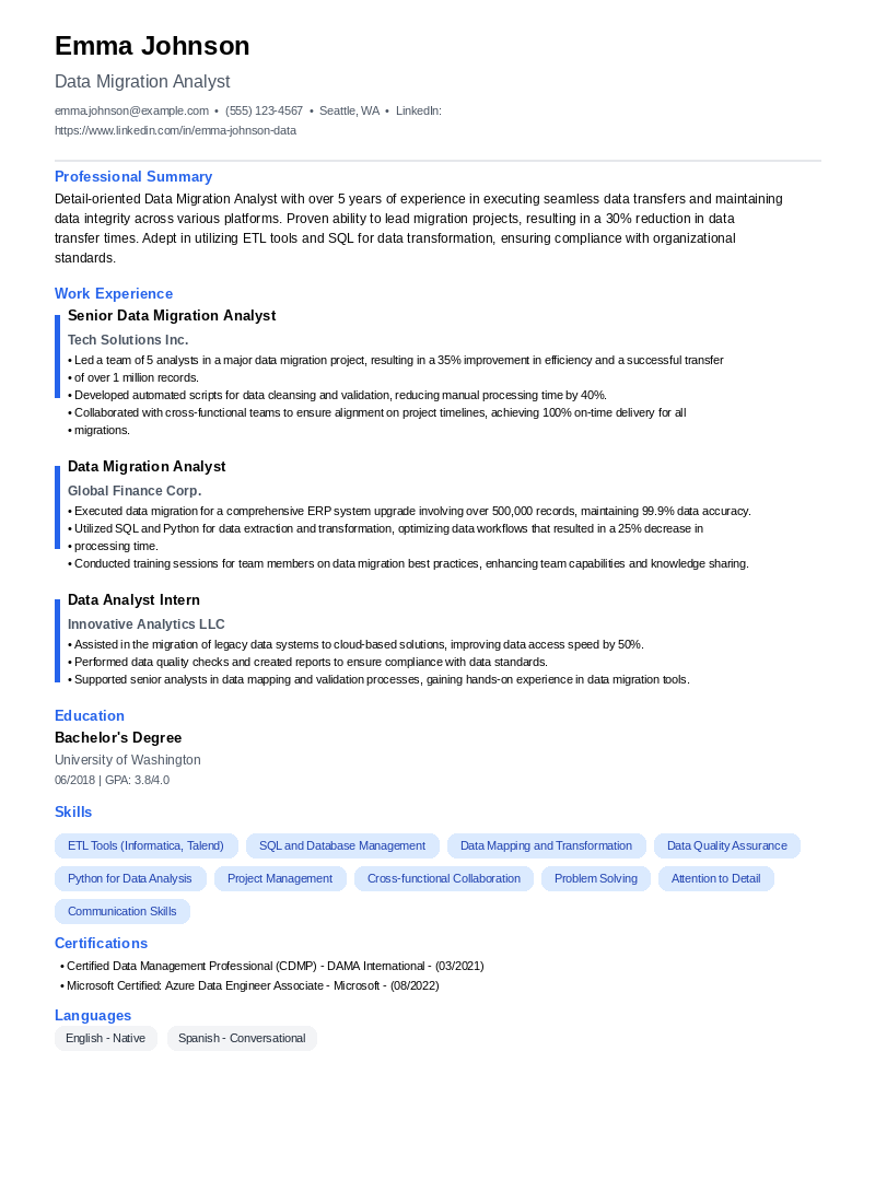 Data Migration Analyst Resume Example