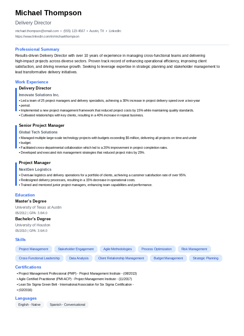 Delivery Director Resume Example