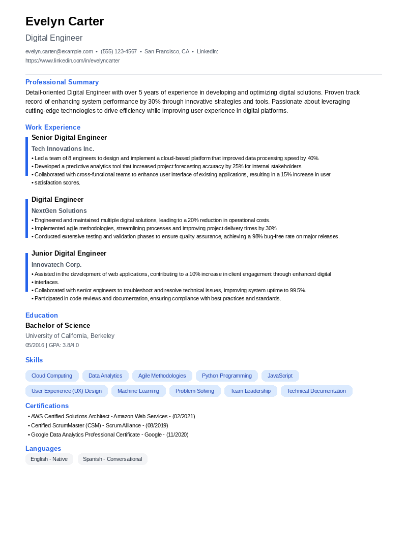 Digital Engineer Resume Example