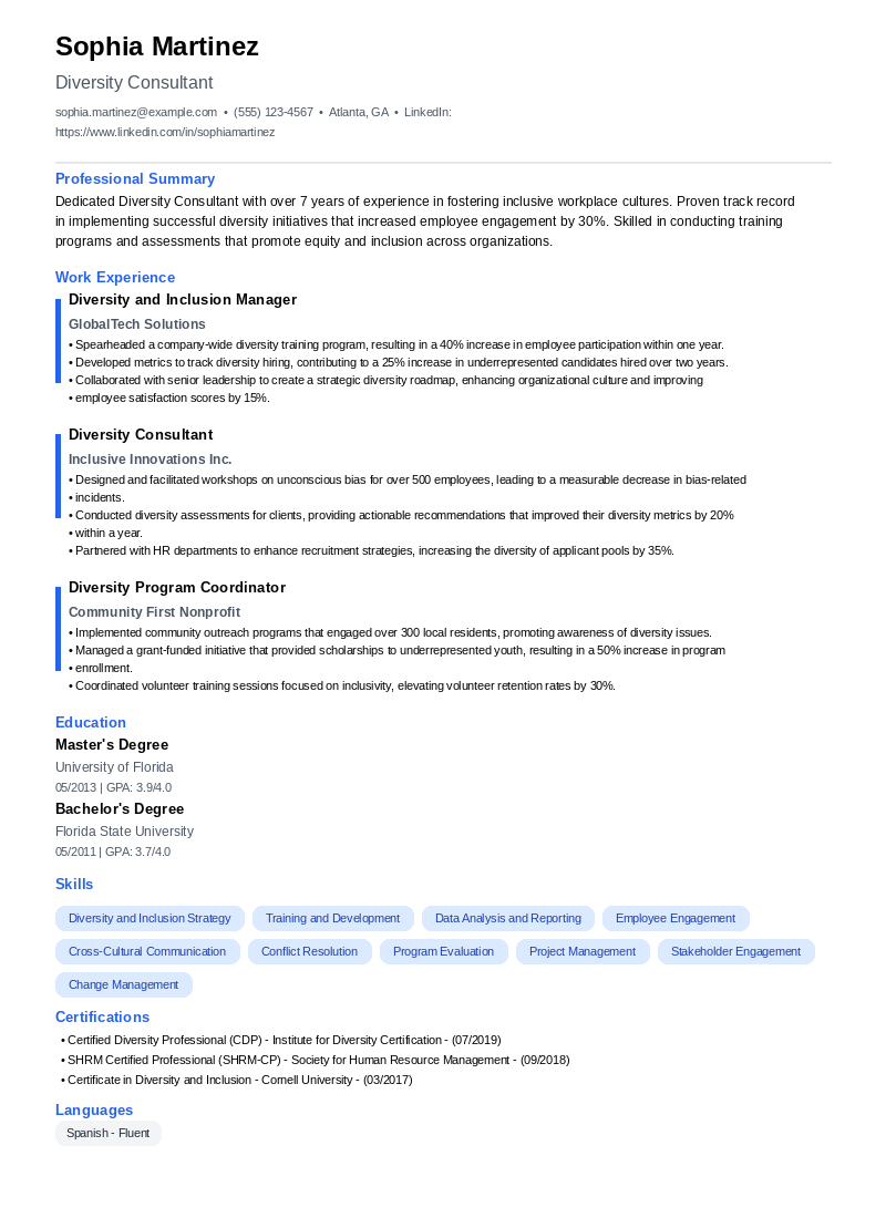 Diversity Consultant Resume Example
