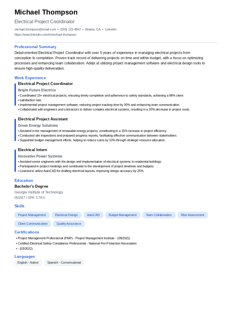 Electrical Project Coordinator Resume Example