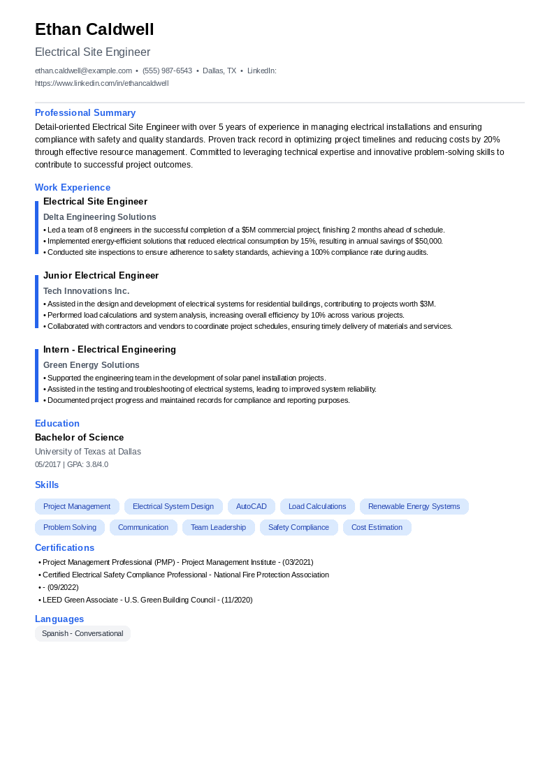 Electrical Site Engineer Resume Example