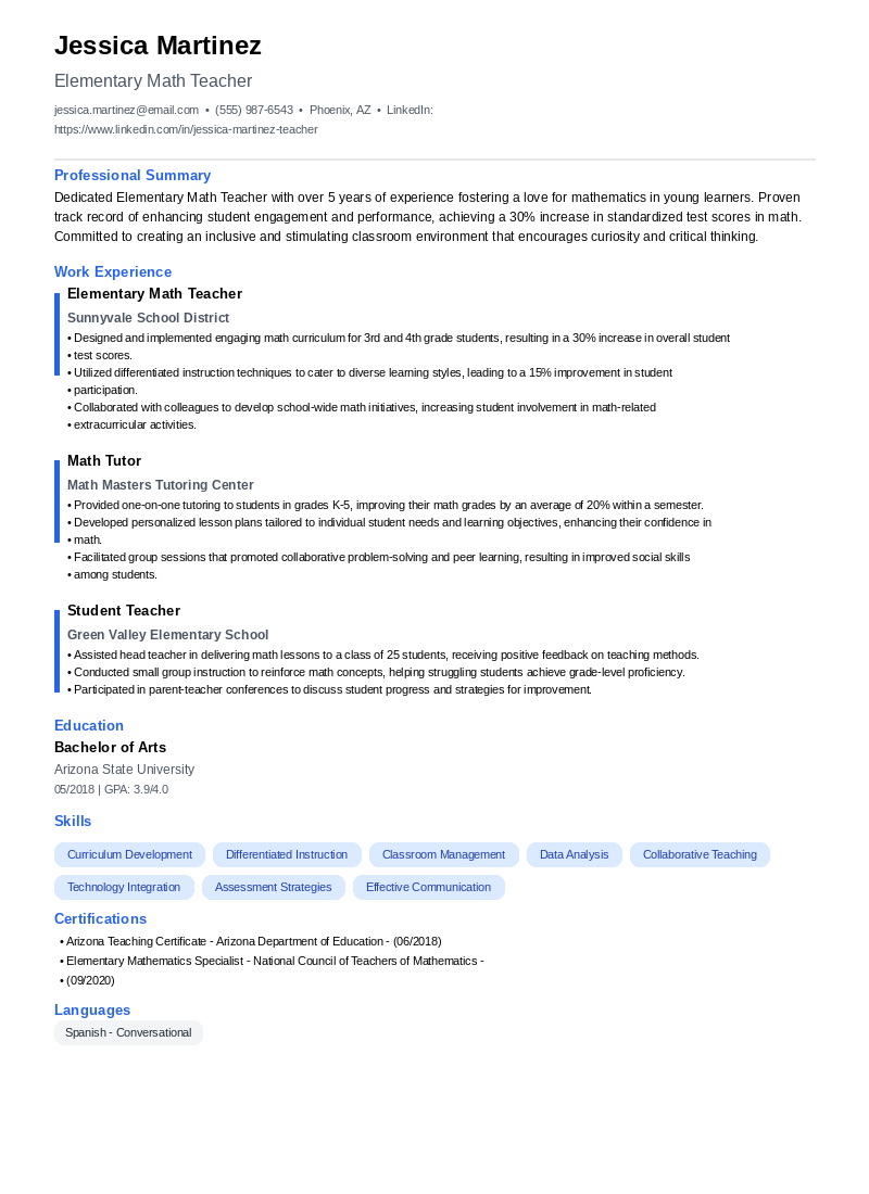 Elementary Math Teacher Resume Example