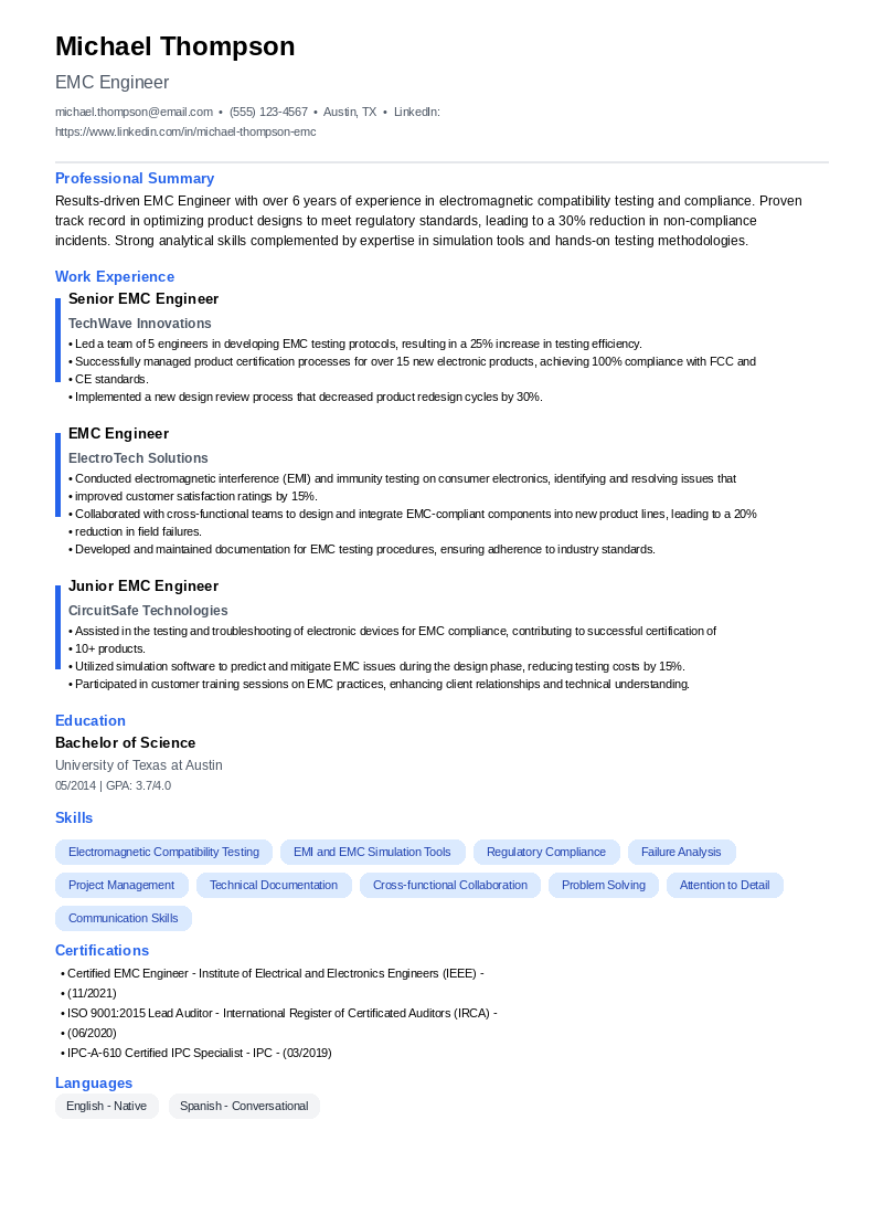EMC Engineer Resume Example