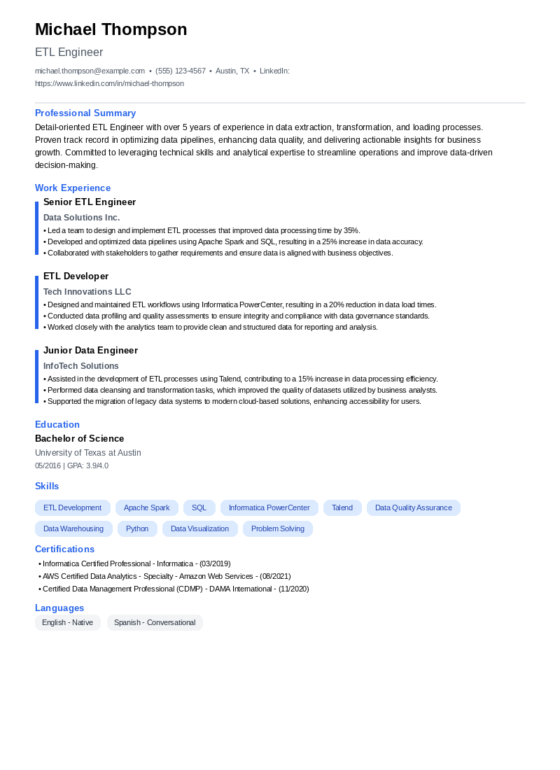 ETL Engineer Resume Example