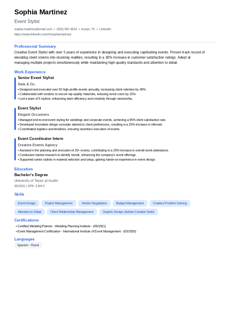 Event Stylist Resume Example