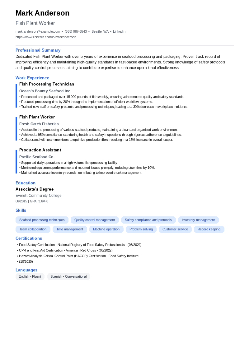 Fish Plant Worker Resume Example