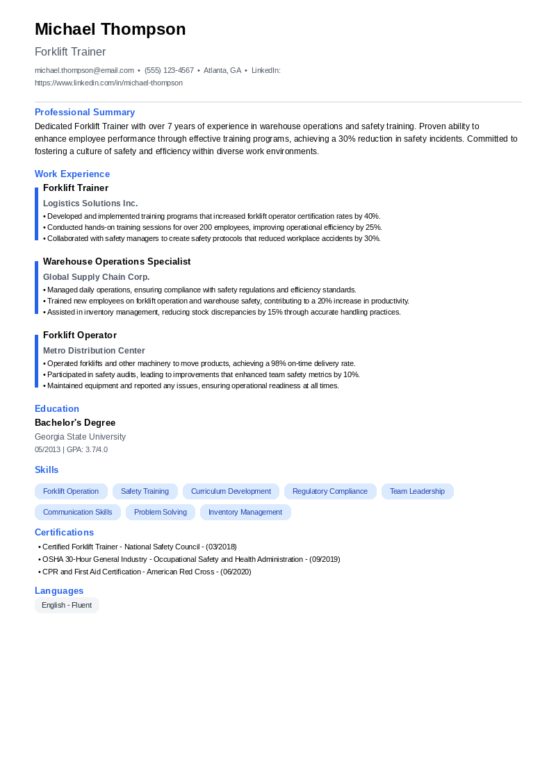 Forklift Trainer Resume Example