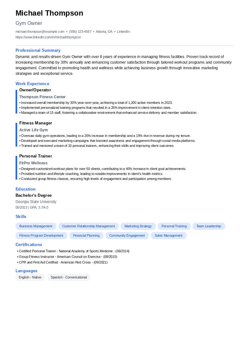 Gym Owner Resume Example