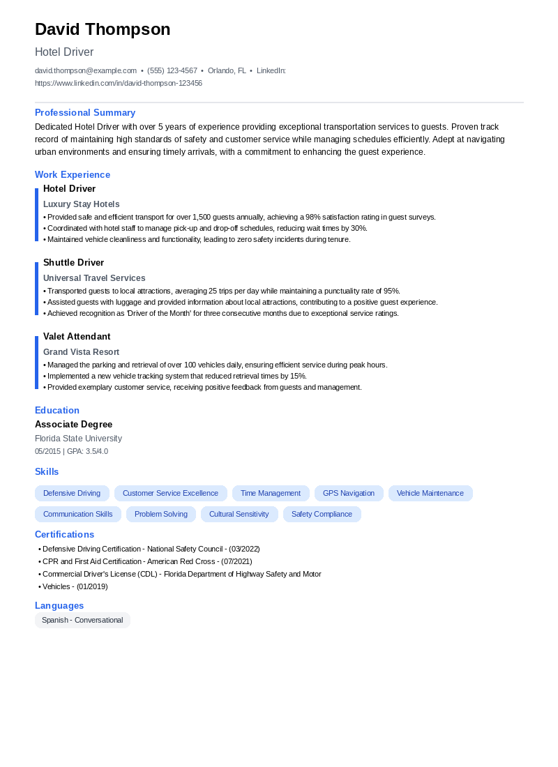 Hotel Driver Resume Example