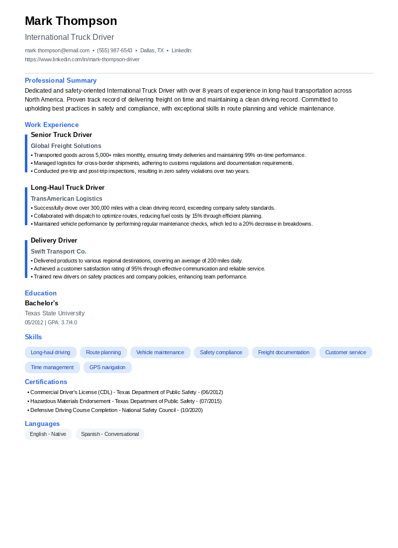 International Truck Driver Resume Example