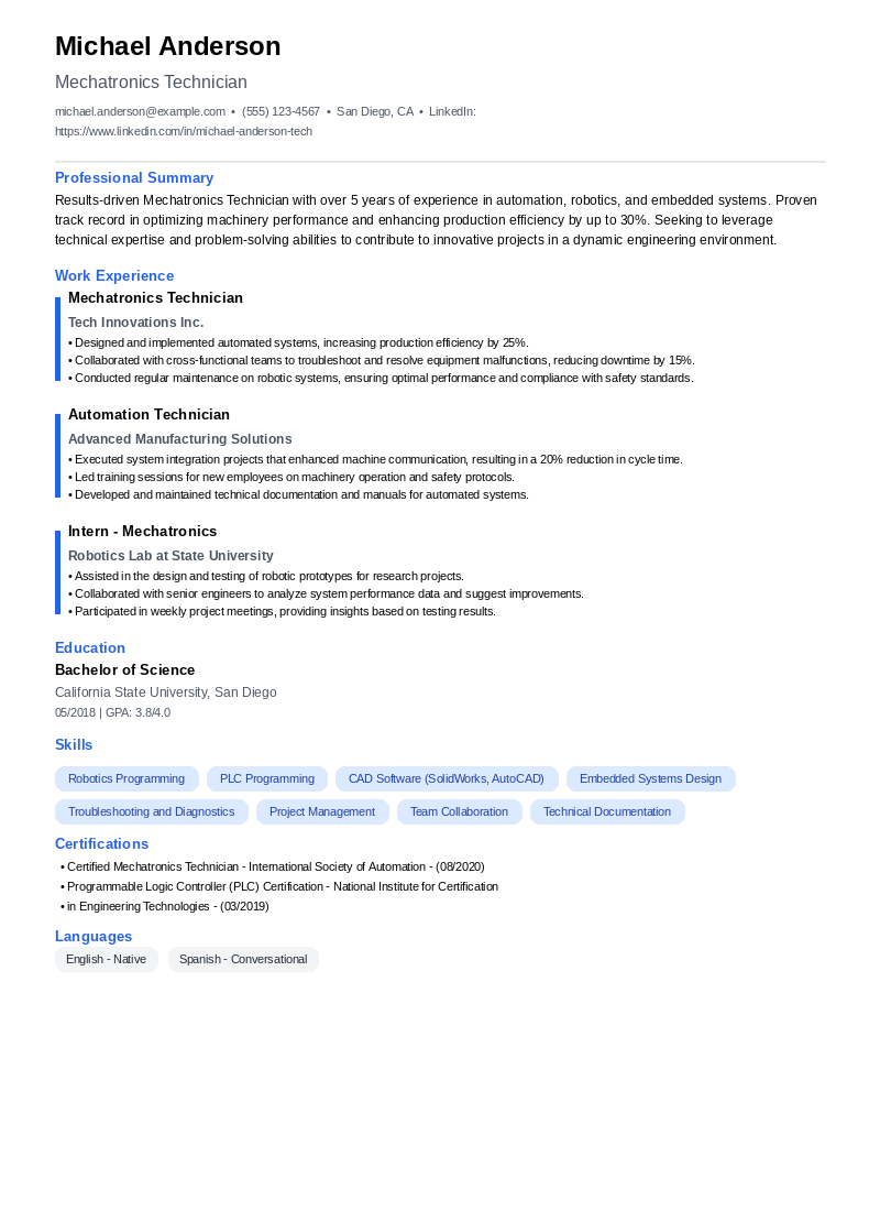 Mechatronics Technician Resume Example