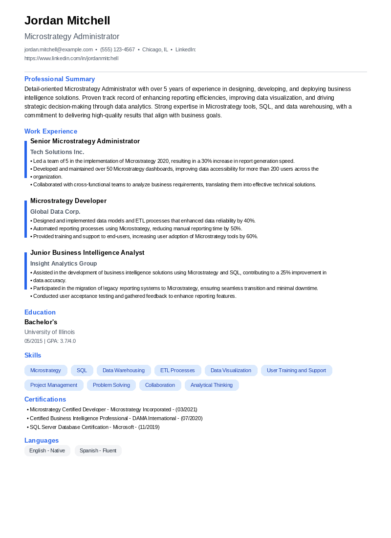 Microstrategy Administrator Resume Example