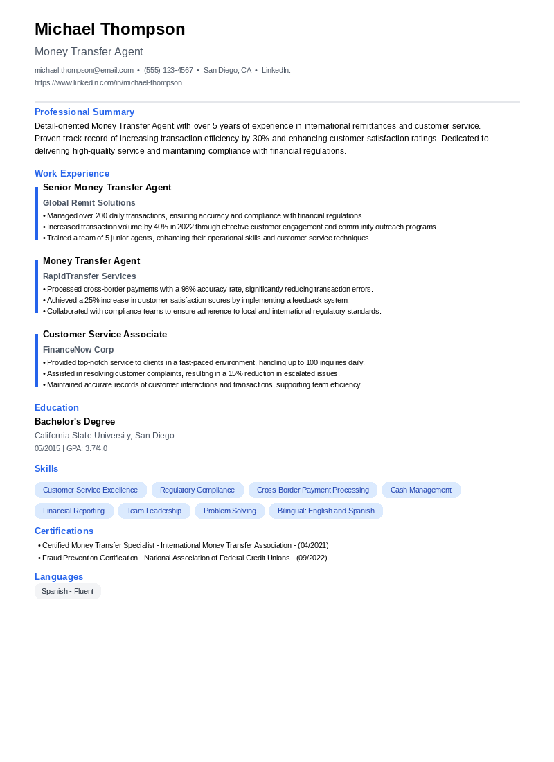 Money Transfer Agent Resume Example
