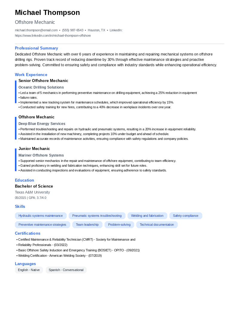 Offshore Mechanic Resume Example