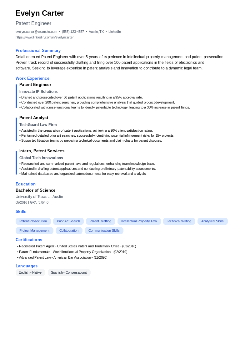 Patent Engineer Resume Example
