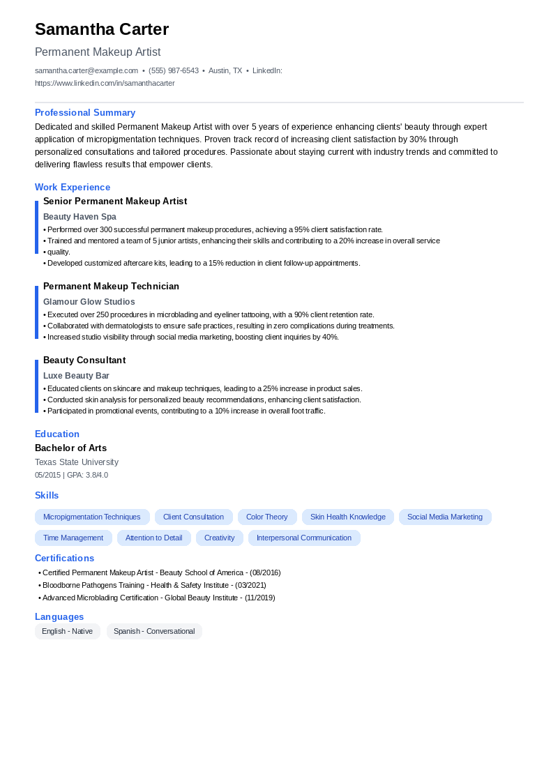 Permanent Makeup Artist Resume Example