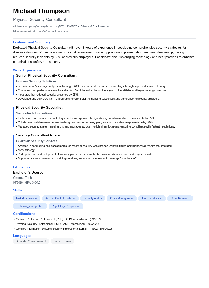 Physical Security Consultant Resume Example