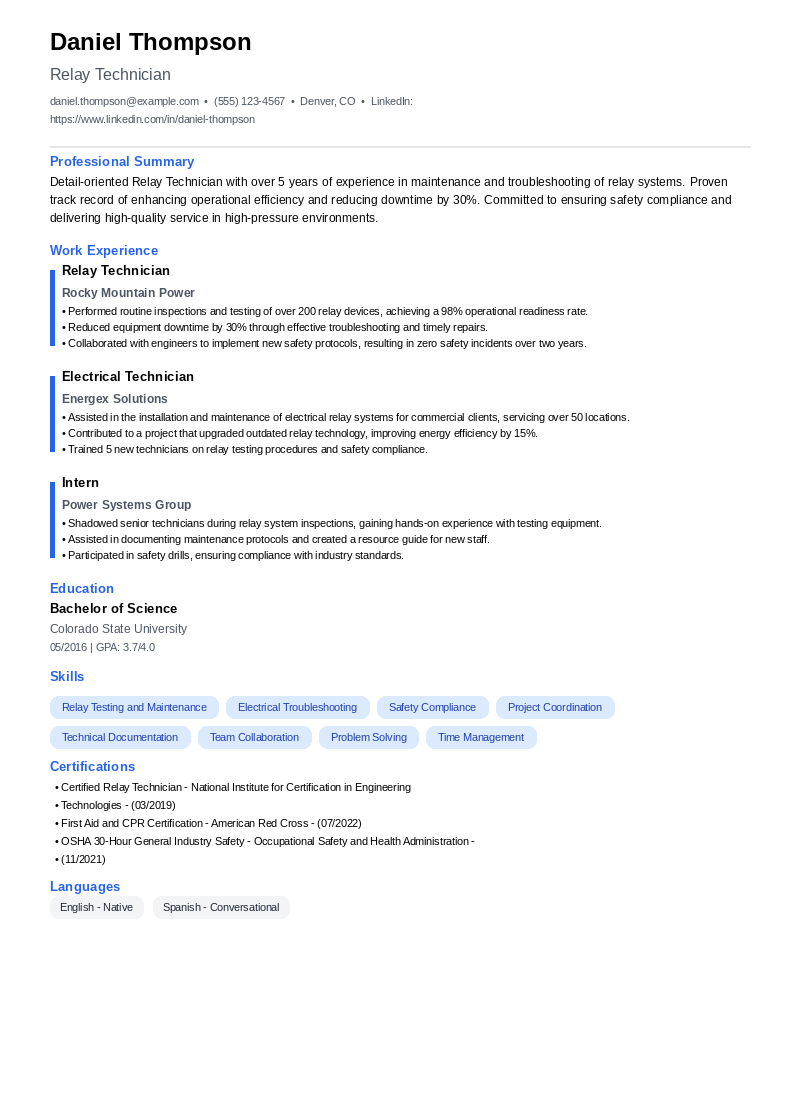 Relay Technician Resume Example